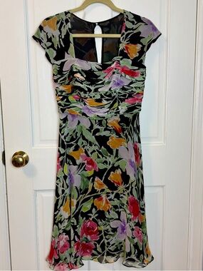 VTG Talbots Pure Silk Fit and Flare Floral Dress with Ruched Bodice, Size 4P